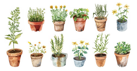 Watercolor potted plants. Hand drawn plants in clay pots, geranium and chamomile, plant growing and floriculture illustration set. Garden flowers and herbs in pots