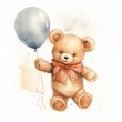 Bear with party balloons. Birthday bear clipart. Watercolor illustration. Generative AI. Detailed illustration.