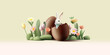 Happy Easter. Chocolate eggs and a rabbit in it, flowers, herbs 3D. Concept for advertising celebration, recreation. Vector