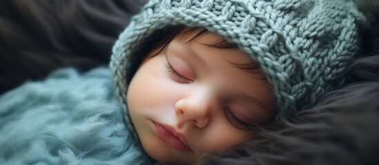 Wall Mural - A cozy image of a sweet infant peacefully sleeping on a soft blanket, dressed in a warm hand-knitted woolen hat