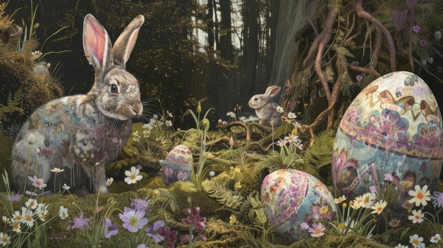 A rabbit, possibly a Mountain Cottontail or Audubons Cottontail, is nestled in the grass among Easter eggs, resembling a scene from a painting AIG42E