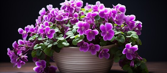 Wall Mural - Purple blooming flowers are displayed in a simple white vase placed elegantly on a table in a bright room