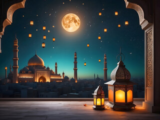 Islamic background with moon lanterns design and mosque for Ramadan, Eid ul Fitr, Eid al Adha, and Eid Milad Muharram design.