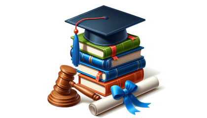 Poster - A stack of colorful books topped with a graduation cap beside a wooden gavel and a diploma with a red ribbon.