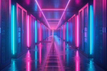 Wall Mural - Neon lights of data streaming in server room