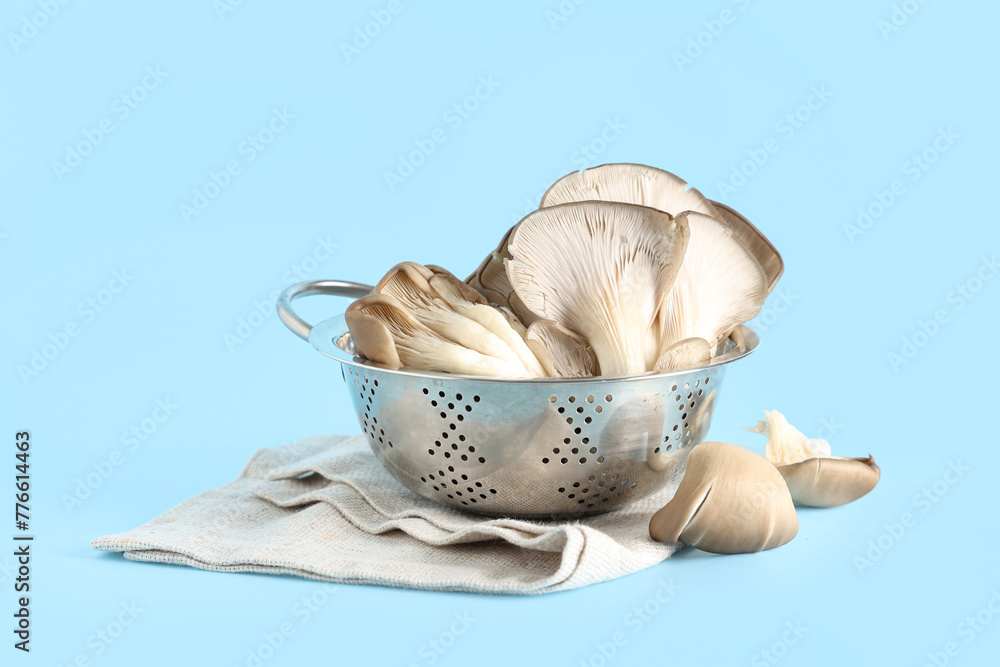 Colander with fresh oyster mushrooms on blue background