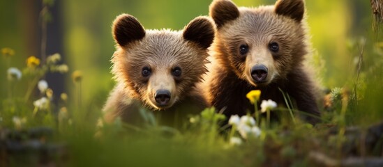 Poster - Two majestic brown bears are standing upright in the lush green grassy field, displaying their powerful presence in the natural habitat