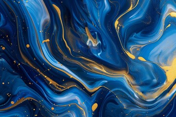 Wall Mural -  Abstract liquid background with swirling gold and blue paint, dynamic fluid art, digital illustration