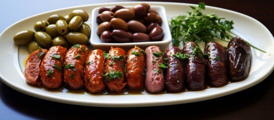 Wall Mural - Assorted sausages and green and black olives presented on a wooden table