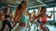 Depict a spirited dance fitness class where young sportswomen immerse themselves in the rhythm and energy of the music, celebrating the joy of movement and the fusion of exercise and dance.