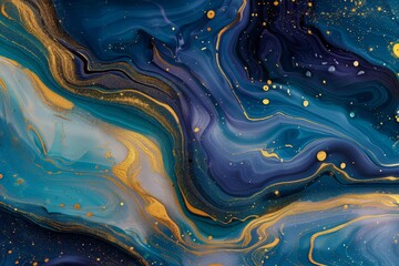 Wall Mural - Abstract fluid art background with blue, gold, and rainbow colors, luxury wallpaper design