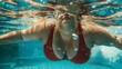 Depict an energetic swimming session where fat women joyfully embrace the water, showcasing the freedom and exhilaration of swimming, the support of the water