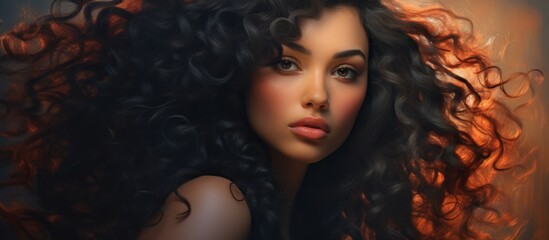 Canvas Print - Beautiful woman wearing a black top with long curly hair cascading down her shoulders