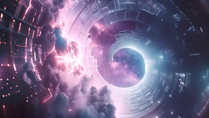 Wall Mural - Sci-Fi Space Tunnel Leading to Cosmic Nebula with Ai generated.
