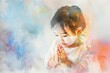 Little girl worshipping on watercolor background, digital painting