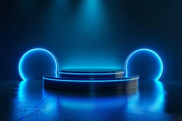 Wall Mural - Futuristic 3D podium with blue neon lights on dark sci-fi background, digital illustration