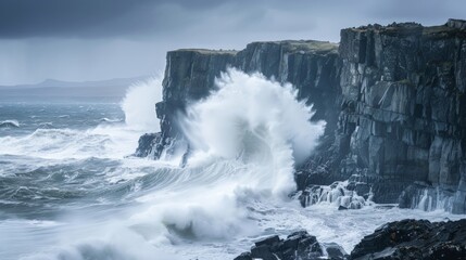 Naklejka na meble the dramatic contrast of a stormy sea, with towering waves crashing against rugged cliffs, showcasing the raw power of nature.