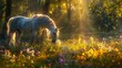 Unicorn grazing in a sunlit meadow