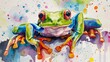Colorful watercolor painting of a tree frog - A lively and colorful watercolor painting captures the essence of a vibrant tree frog amidst a splash of vivid hues