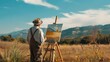 Van Gogh's backside as he paints a picture in the field painted by van gogh cinematic lighting