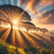 Rays of Sunlight Filtering Shining Down Breaking Through from the Sky at Sunrise on a Hillside with Rows of Large Tall Trees in Spring. Green Leaves, Roots, & Grass. Light Casts a Warm Mystical Glow