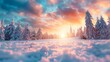 The sun is low in the sky, casting a warm orange glow over a vast snowy expanse. The landscape is covered in a blanket of fresh snow, with the suns rays reflecting off the icy crystals.