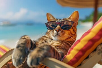 A cat wearing sunglasses is laying on a beach chair. Summer heat concept