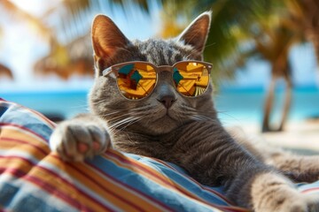 Wall Mural - A cat wearing sunglasses is laying on a beach towel. Summer heat concept