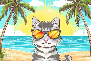 Wall Mural - A cat wearing sunglasses is sitting on a beach. Summer heat concept