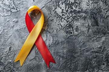 Wall Mural - A ribbon with a yellow and red stripe is on a grey surface