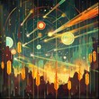Abstract cosmic cityscape with vibrant hues - Stylish and vibrant depiction of a cosmic cityscape fusing abstract art with futuristic vibes