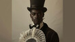 In this portrait a black man wears a fitted frock coat and top hat embodying the refined style of Victorian gentlemen. However his choice of accessories including a lace ascot and .