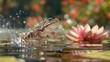 Frog Leaping from Lily Pad, Capture the dynamic movement of a frog as it leaps from one lily pad to another, showcasing its agility and grace in the water