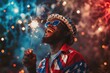 Exuberant man in American flag attire enjoying Fourth of July fireworks with a sparkler