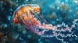 Jellyfish Drifting in Ocean Currents, Showcase the ethereal beauty of a jellyfish as it drifts gracefully through the ocean currents, tentacles trailing behind
