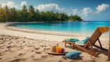 Fototapeta Sport - Tropical beach with sunbathing accessories, summer holiday background