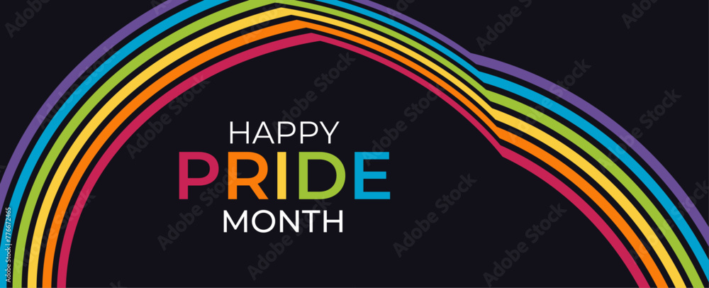 Happy Pride month text and rainbow pride ribbon roll wave on circle dot ...