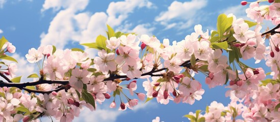 Wall Mural - Pink flowers in full bloom adorn a tree with lush green leaves in a close-up view, showcasing the beauty of nature