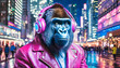 Surreal gorilla with pink jacket enjoying city nightlife	