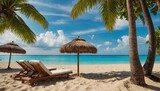 Fototapeta Sport - Tropical beach with sunbathing accessories, summer holiday background