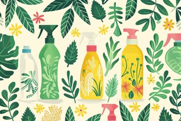 Colorful illustration of eco-friendly cleaning products amid lush foliage and vibrant flowers