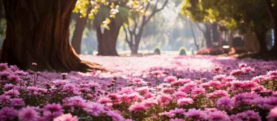 Wall Mural - Field of blooming purple flowers set amidst green grass with a backdrop of trees in the distance