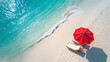 © Nantiya - beach bed under red umbrella on white sand beach with clear sea water and blue sky beautiful beach and sea ocean with tropical relax vacation in private luxury island resort
