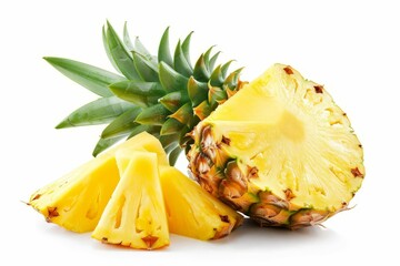 Wall Mural - Fresh whole pineapple and sliced piece isolated on white background, tropical fruit