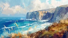 A Coastal Cliff View With Wild Grass, Painted With Broad, Sweeping Strokes That Mimic The Windy Atmosphere And Rugged Texture. Emphasize An Impressionistic Style