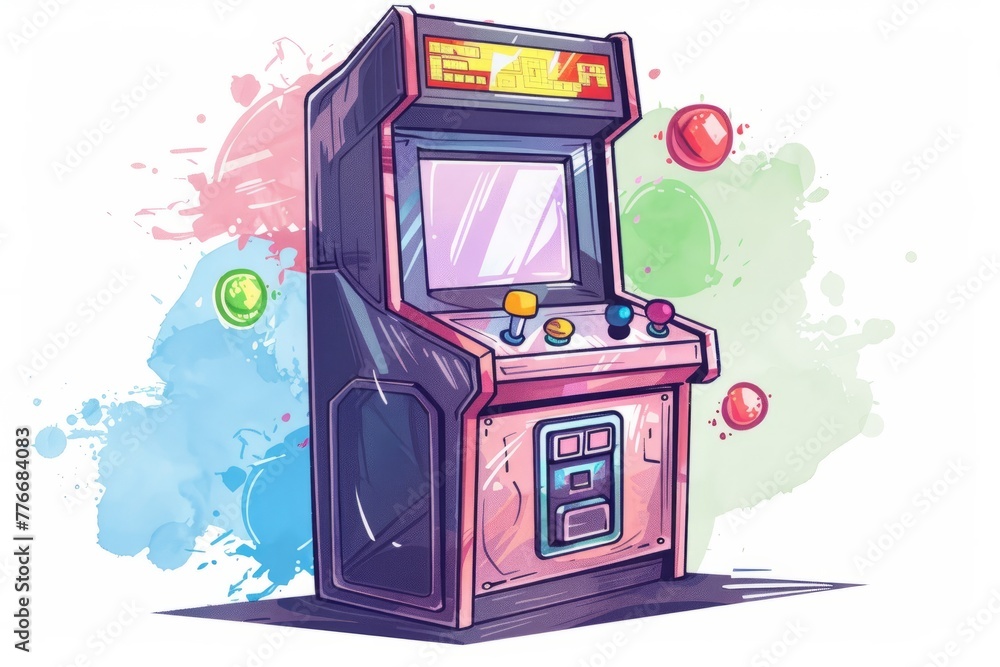 Cartoon cute doodles of an arcade game machine with colorful joysticks ...