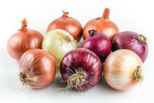 Raw Onion Collection Isolated On White Background, Vegetable Bundle Cut Out, Food Photography