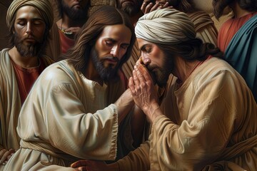 Wall Mural - Portrait of Jesus healing the blind man in jerusalem: capturing the compassionate miracle of sight restoration, depicting a profound moment of faith and divine intervention in biblical narrative