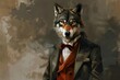 Elegant Wolf in Suit Anthropomorphic Animal Fashion Portrait, Charismatic Human Attitude, Digital Painting