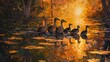 A family of ducks waddling in a row across a lily-covered pond, with the setting sun casting golden reflections on the water. Emphasize an impressionistic style